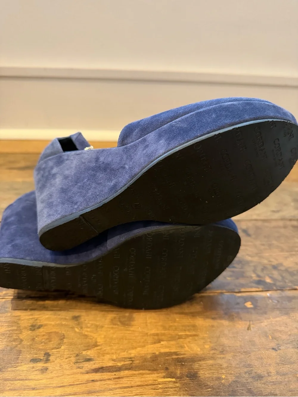 Cordani Navy Suede Ankle-Strap Platform Wedges